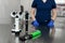 Professional equipment of a veterinary doctor ophthalmologist - manual slit lamp, ophthalmoscope, veterinary tonometer..Blurred