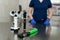 Professional equipment of a veterinary doctor ophthalmologist - manual slit lamp, ophthalmoscope, veterinary tonometer. Blurred