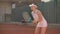 Professional equipped female beating hard the tennis ball with tennis racquet. Professional equipped female beating hard