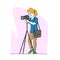 Professional Female Photographer with Photo Camera on Tripod Making Picture in Studio or Outdoors. Photography Hobby