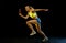 Professional female relay racer training on black studio background in neon light