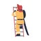 Professional firefighter climbing ladder. View from behind of fireman in uniform and hat with rescue equipment. Rescue