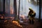 Professional firefighter fights wildfire. Firefighter extinguishing forest fire