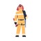 Professional firefighter standing with axe. Fireman character in uniform and hat with rescue equipment. Rescue emergency