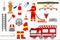 Professional firefighter in uniform in helmet, extinguisher, hydrant, car and stairs fireman vector illustration