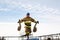 A professional fireman in a special suit jumps over a barrier .Regional fire-fighting in the training area with urban and