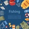 Professional fishing equipment background with fishing rod, hooks, bait, fish and boat, fisher tools vector cartoon