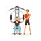 Professional fitness coach and man flexing muscles on trainer gym machine, people exercising under control of personal