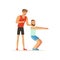 Professional fitness coach and man squatting, people exercising under control of personal trainer vector Illustration