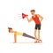 Professional fitness coach with megaphone and young woman doing a plank workout, people exercising under control of