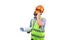 Professional foreman builder holding project and speaking phone on white background