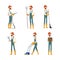 Professional gardener in overalls working in garden tools. Farm worker mowing grass, harvesting, watering plants cartoon