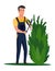 Professional gardener pruning tree with pruners or garden shears. Man working with shrubs in backyard. Colored flat