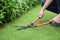 Professional Gardener Trimming Lawn In The Garden