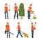 Professional gardener working in garden tools. Farm worker trimming bushes, harvesting, watering flowers cartoon vector