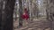 Professional graceful young woman in red dress dancing in the forest landscape. Dancer showing classic ballet poses and