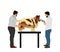 Professional grooming team hairdressing Rough Collie champion dog on desk in groom saloon vector illustration isolated