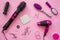 Professional hairdressing tools, pink background