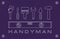 Professional Handyman Logo. Silhouettes of tools for repair on an geometric violet background. Stock .