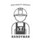 Professional handyman services. Portrait of a handyman in a construction helmet.  Handyman with tools in  pocket