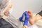 Professional hardware pedicure, a patient during a medical pedicure procedure at a podiatrist`s appointment