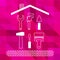 PROFESSIONAL HOUSE REMODELING. Set of repair thin line tools on the bright pink polygonal background. Silhouette of the roof and