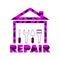 PROFESSIONAL HOUSE REMODELING. Silhouette of the house and a set of tools for repair. Repair lettering in violet color.Print