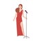 Professional jazz singer, vocalist or songstress wearing elegant red evening dress and holding microphone stand. Female