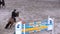 Professional jockey and his horse jump over the barrier. Slow motion.