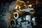 Professional lathe turning machine at motorcycle garage workshop