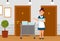 Professional maid standing at trolley with clean linen in hotel. Hotel room service worker in uniform, female