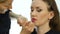 Professional makeup artist applying contour on lips of model. fashion industry cosmetics