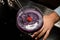 Professional male bartender decorated purple alcoholic cocktail with a red flower by tweezers
