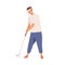 Professional male golfer with golf club. Smiling young man playing golf with niblick. Flat vector cartoon illustration