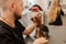 Professional male groomer making haircut of Yorkshire Terrier dog at grooming salon with professional equipment