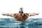 Professional male swimmer with hat and goggles in motion and action, healthy lifestyle and movement concept