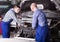 Professional mechanics repairing car