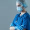 Professional medical worker in protection suit. Nurse, surgeon, doctor or paramedic in blue uniform. Emergency medicine