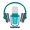 Professional microphone and headset for radio, online internet streaming and podcast concept icon flat vector illustration,