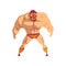 Professional muscular wrestler standing in pose. Mixed martial artist. Combat sport. Cartoon strong man character in red