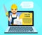 Professional online courses of construction and repair. Builder with a saw in his hand, advertises online courses. Education and