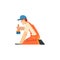 Professional Painter with Brush, Male Construction Worker Character in Orange Overalls and Blue Cap with Equipment