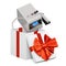 Professional pedicure machine inside gift box, present concept. 3D rendering