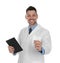 Professional pharmacist with pills and clipboard on background