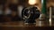 Professional photographer working with old fashioned SLR camera outdoors, defocused background generated by AI