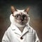 Professional portrait of a cat doctor dressed in a white apron