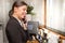 Professional receptionist answering to a phone call