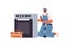 Professional repairman in uniform repairing or installing oven home maintenance repair service concept