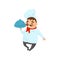 Professional restaurant chef holding dish in hand. Funny man with mustache in uniform. Flat vector design for poster or