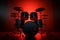 Professional rock drum kit with red backlight in a dark room, 3D rendering